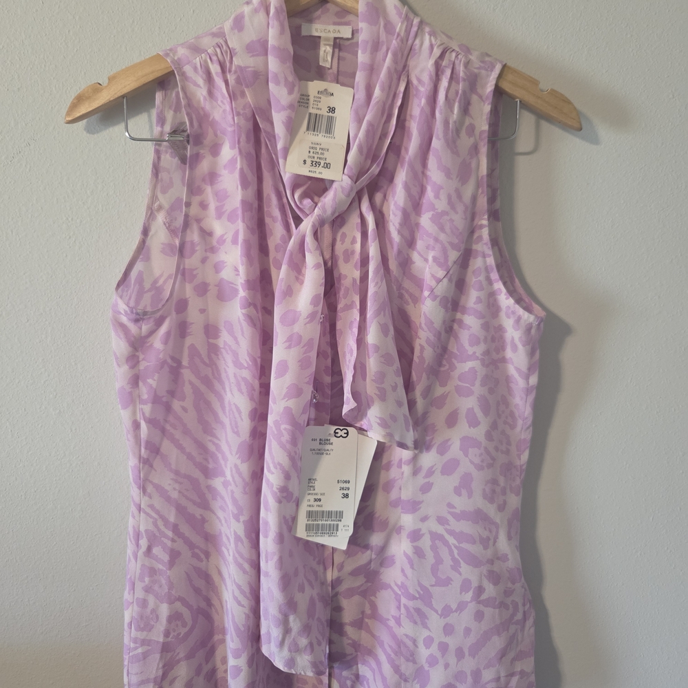 Escada Lilac Animal Print Sleeveless Blouse with Rinestone Buttons - 100% Silk